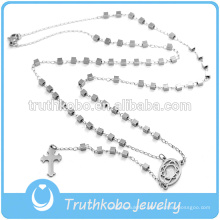 Bijoux de Noël, collier de perles en acier inoxydable avec cube en argent et Jésus, chapelet croix latérale